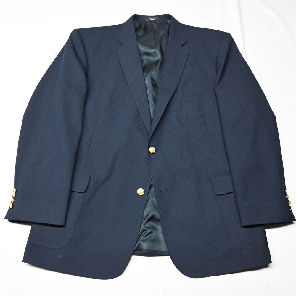 Vtg Stanley Blacker 48R Navy Hopsack Gold‎ Button Wool Blazer Jacket Sport Coat